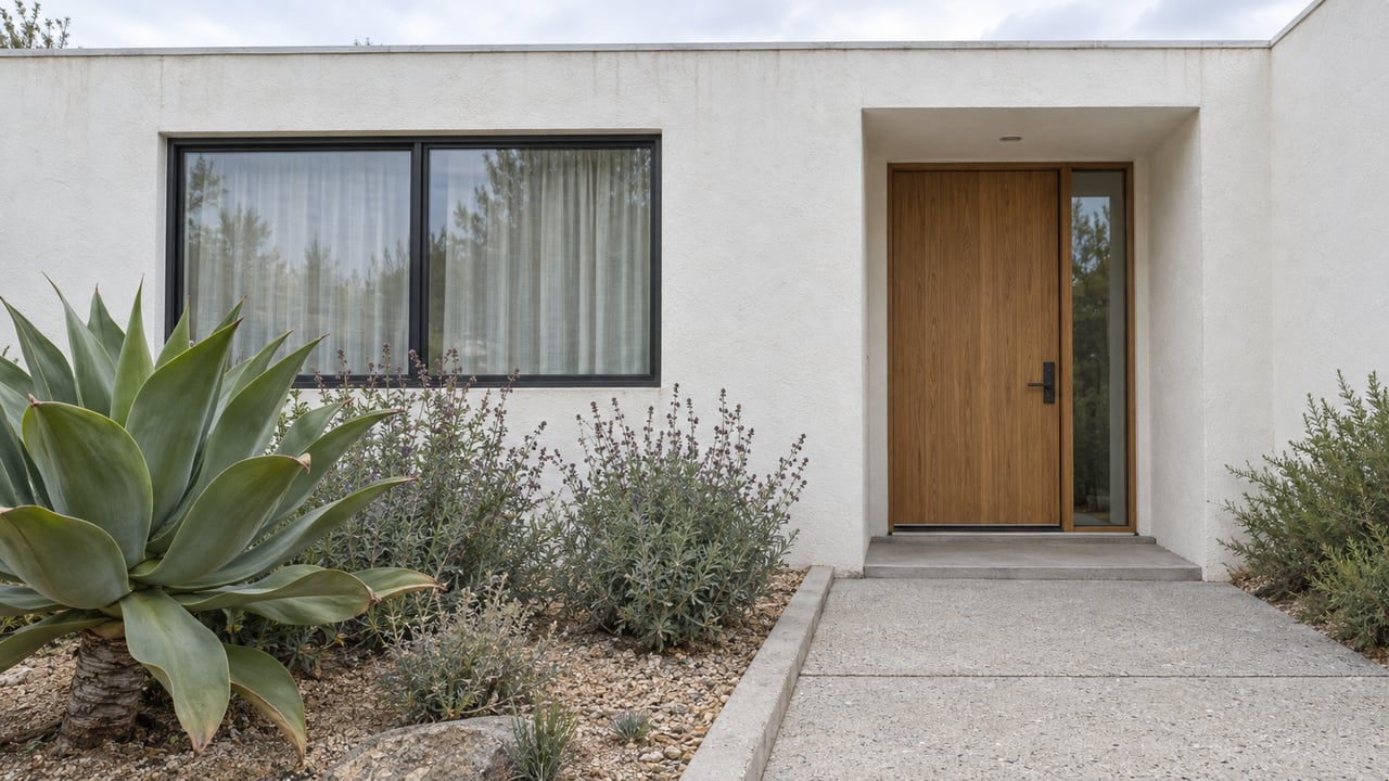 White stucco bungalow entry with a weathered oak door, dark-framed window, concrete approach and sculptural agave planting.