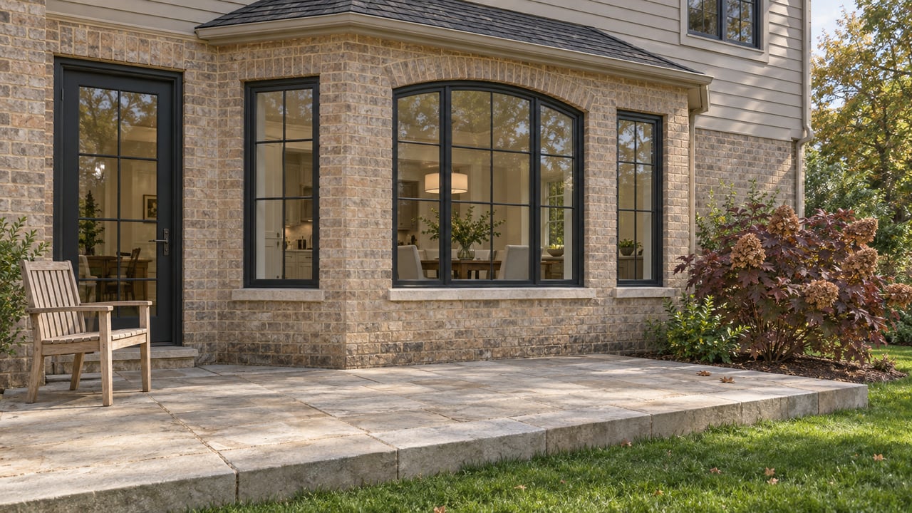 Autumn daylight on a buff-brick breakfast-room bay with black-framed windows, a limestone terrace, and burgundy oakleaf hydrangea.