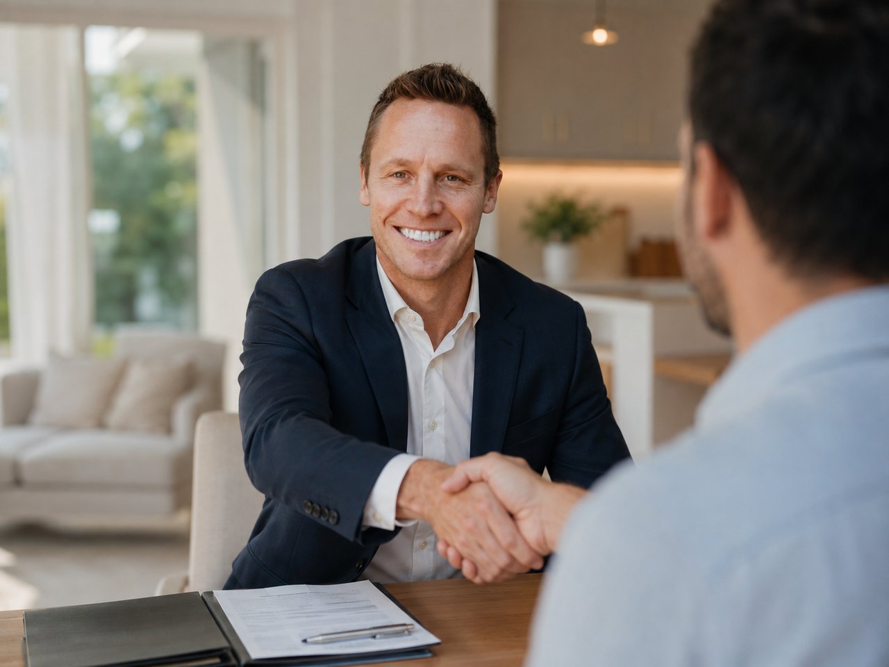 Real estate agent shakes a client's hand across a table with paperwork in a bright living room.