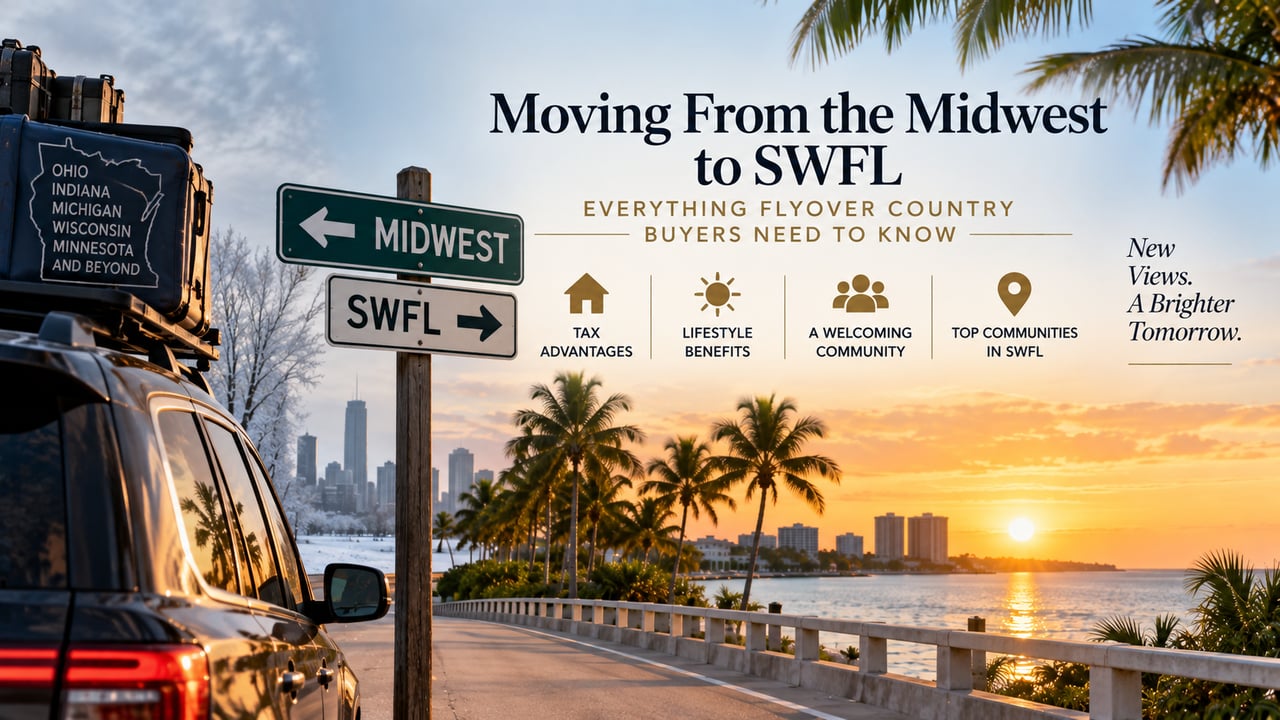 Moving from the Midwest to Southwest Florida, illustrating relocation from Ohio, Indiana, Michigan, Wisconsin, and Minnesota to the palm-lined lifestyle of Naples, Fort Myers, Cape Coral, Bonita Springs, and Estero.