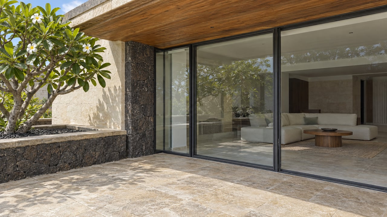 Sunlit stone terrace beside closed corner glazing, a wood-lined overhang and a basalt planter with a flowering plumeria.