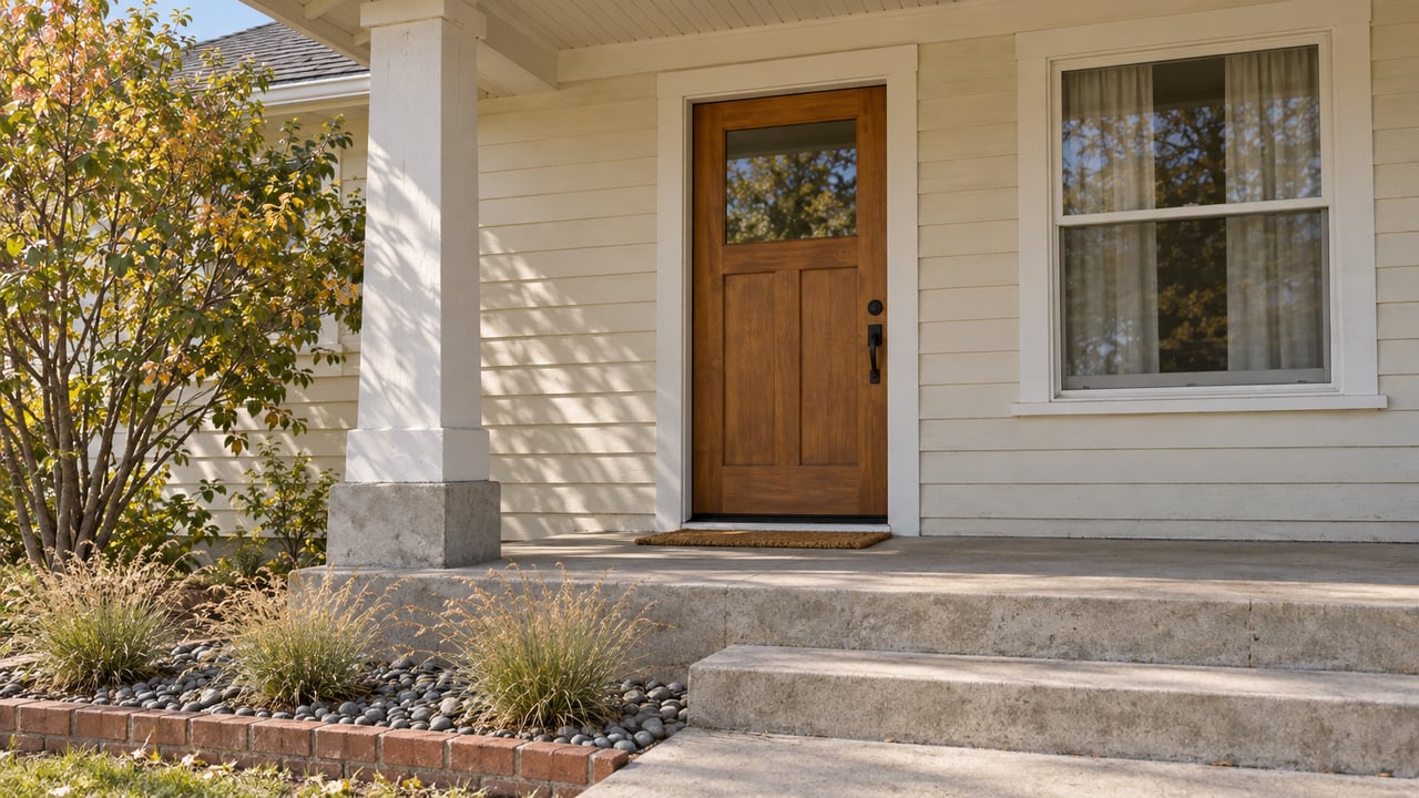 Cream lap-sided bungalow porch with a wood entry door, white column, concrete steps and a small stone planting bed in clear autumn light.