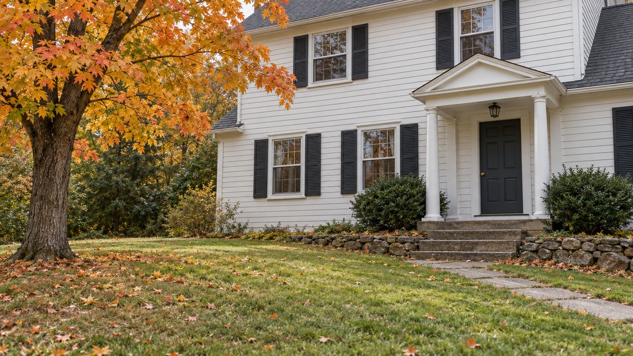 Off-white two-story house with dark shutters, a concrete approach, fieldstone edge, and orange-gold autumn tree.