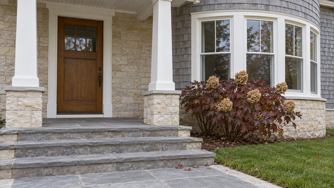 Oak front door and curved shingled bay beside a limestone porch, with bluestone steps and burgundy oakleaf hydrangea.