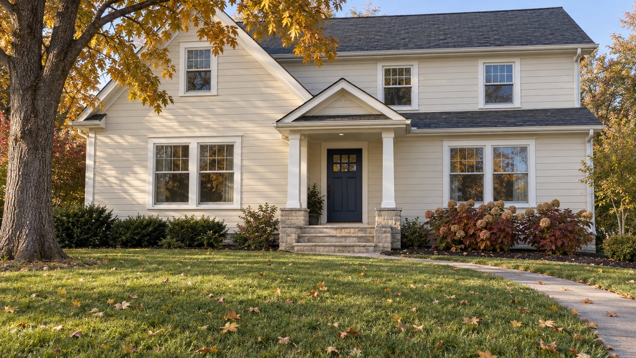 An ivory clapboard house behind a broad autumn lawn, with amber maple foliage, a small covered entrance and limestone steps.