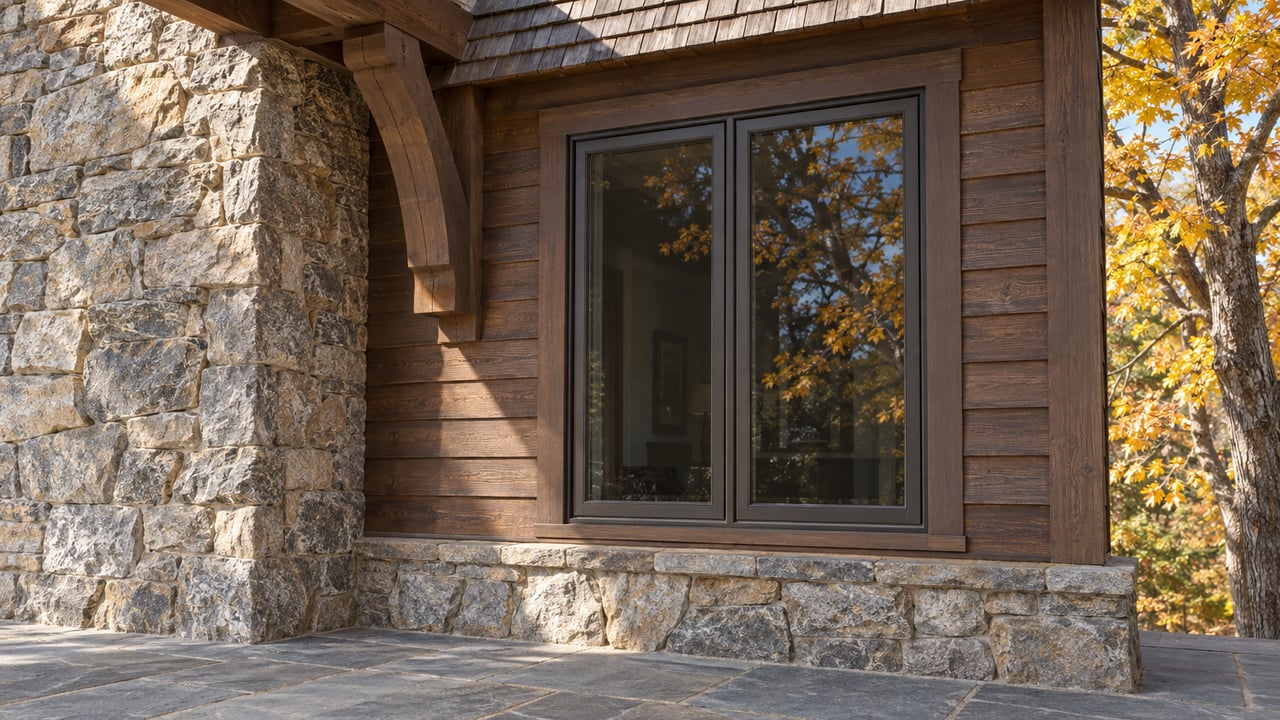 Afternoon light grazes a rough stone chimney and weathered cedar beside a closed bronze-framed window, with amber maple leaves at the edge.