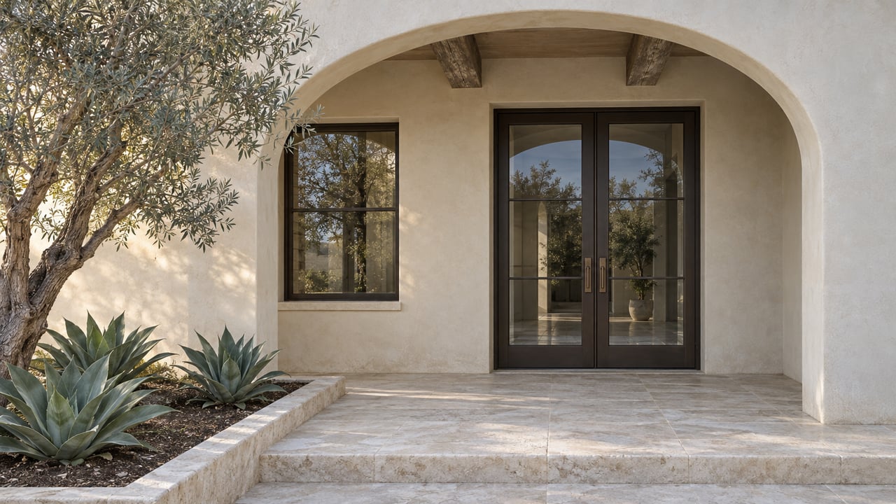 An ivory stucco home entrance with a rounded arch, bronze glazed double doors, pale limestone terrace and a sculptural olive tree.