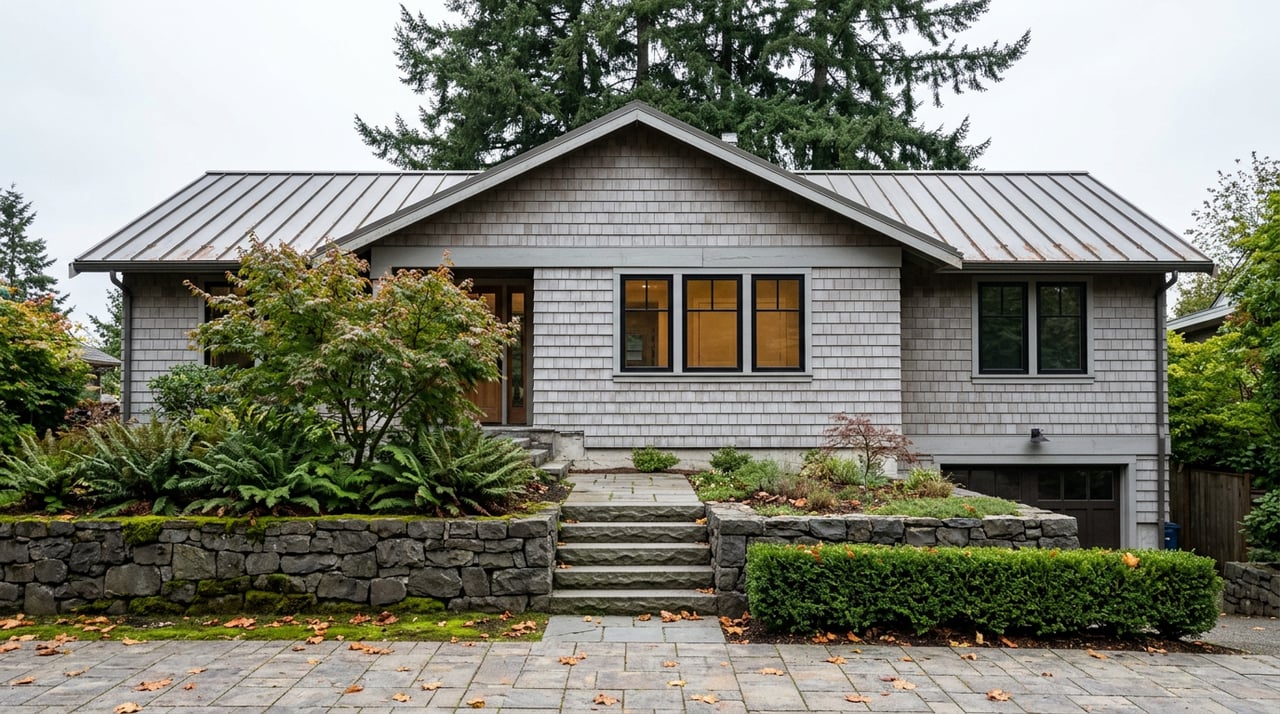 Hillside home's cedar-shingled facade above basalt retaining walls, stone steps, and a fern-lined path.