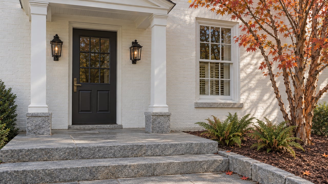 Painted-brick home with a charcoal divided-light front door, paired black lanterns, granite steps, and an autumn paperbark maple.
