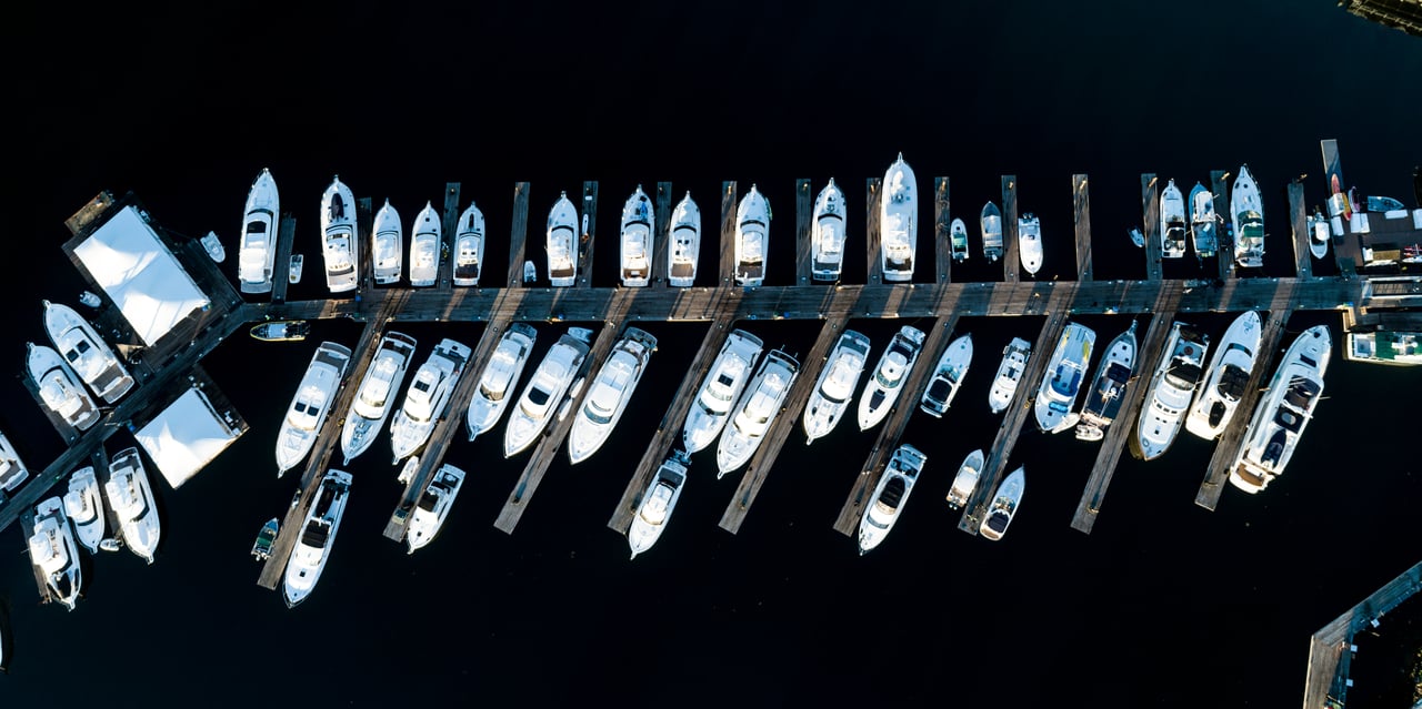 Aerial view of boats docked in rows at a marina.