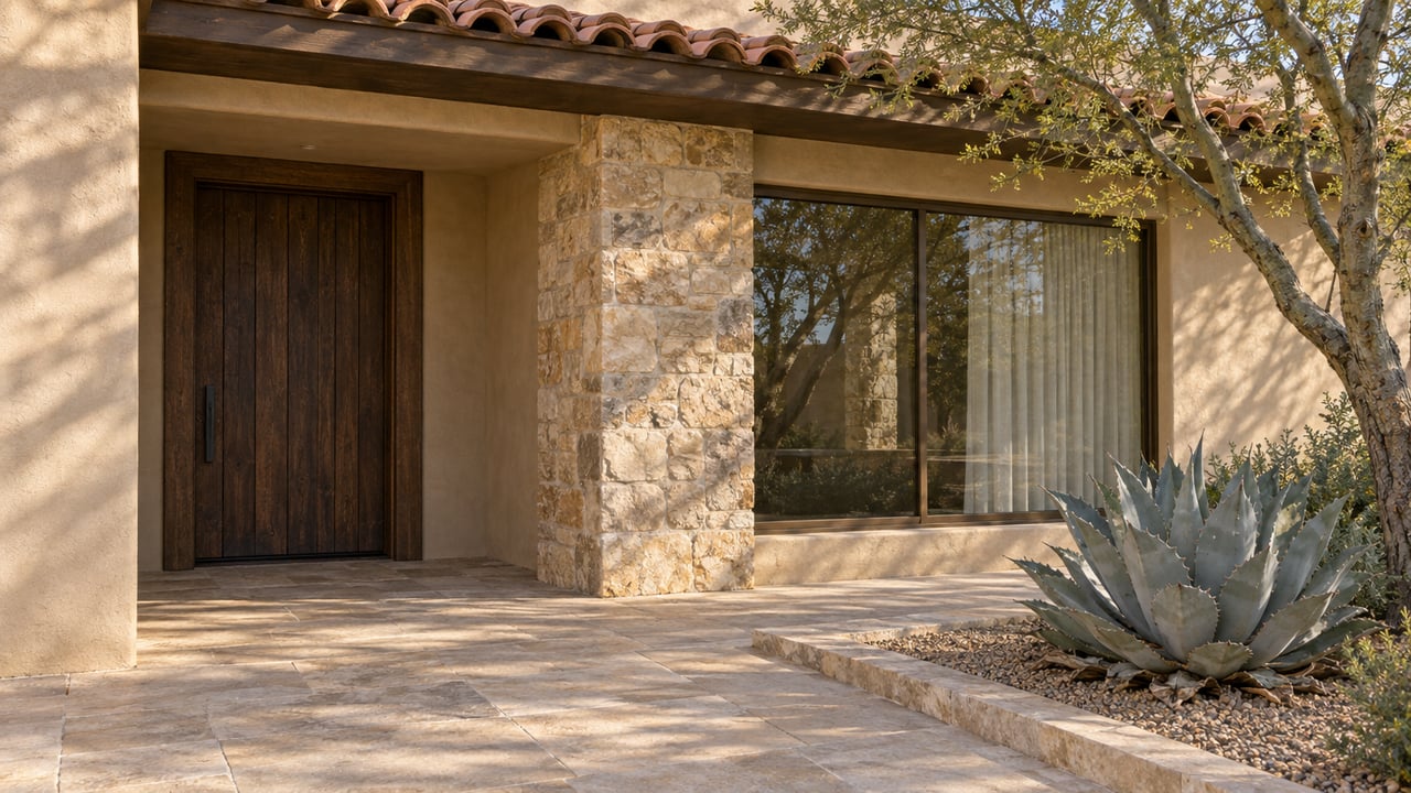 Sunlit stucco home entry with clay roof tiles, a walnut door, stone pier and blue-gray agave beside a limestone approach.