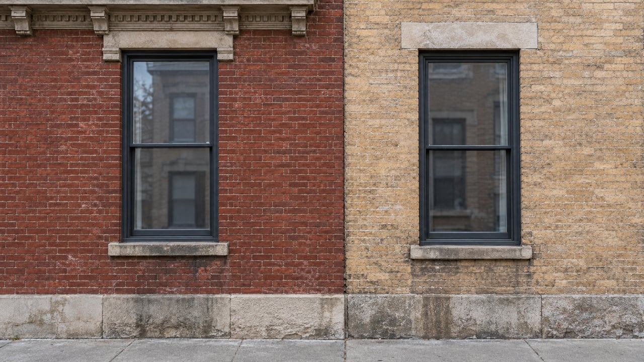 Two adjoining brick facades, red and buff, each with a tall sash window and limestone details.