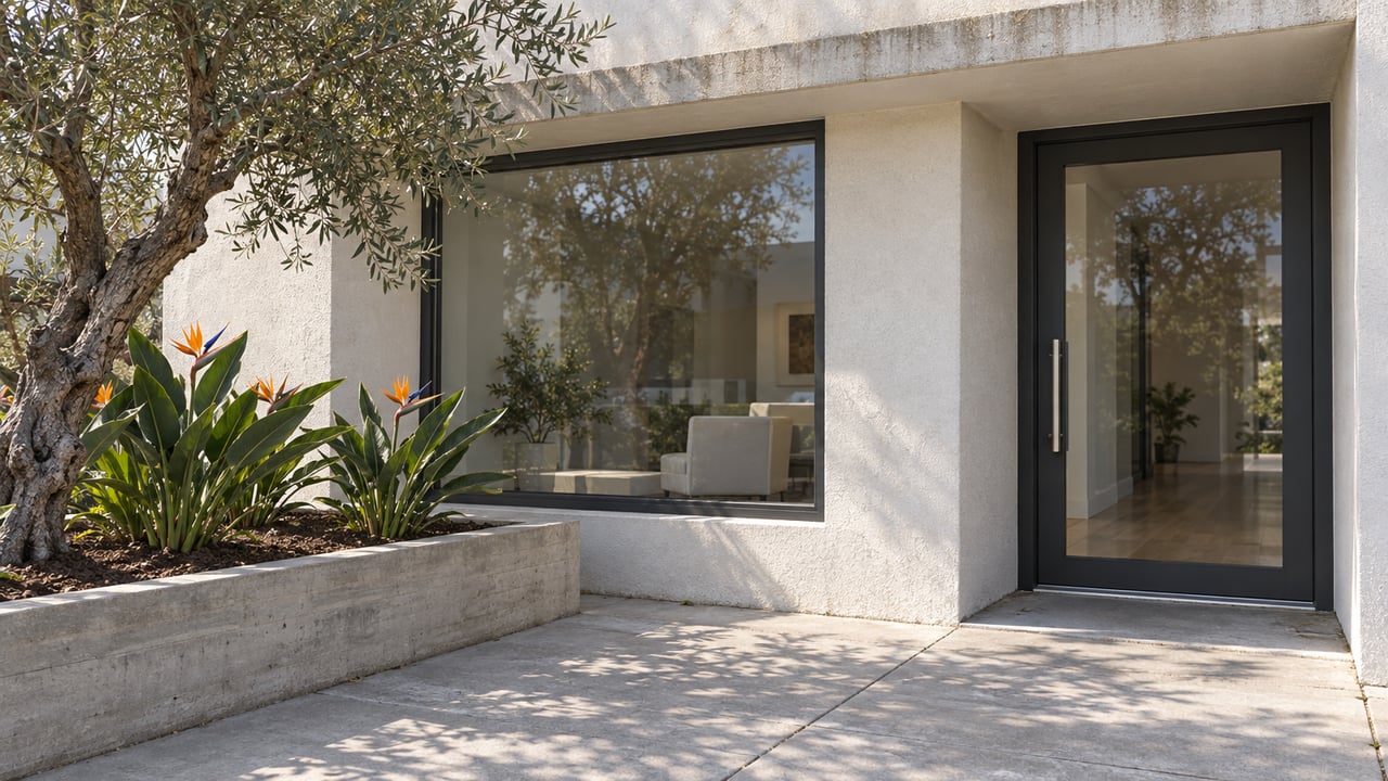 Morning light across a stucco condominium entrance, charcoal-framed glass and a raised concrete bed containing an olive tree and bird-of-paradise plants.