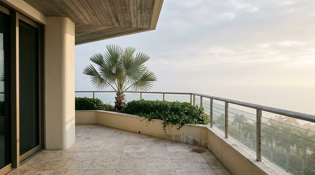 High-rise terrace with travertine floor, glass railing, silver-blue palm, and hazy sky.