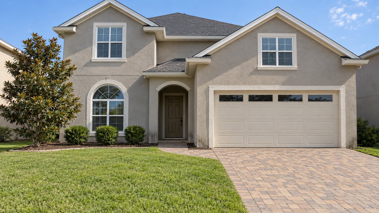 Two-story warm-gray stucco home with gabled roofs, a recessed arched entrance, paver driveway and deep green front lawn in clear daylight.