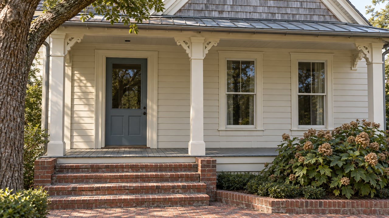 A raised wood home's shaded entry, tall sash windows and weathered brick steps beside a mature live oak.
