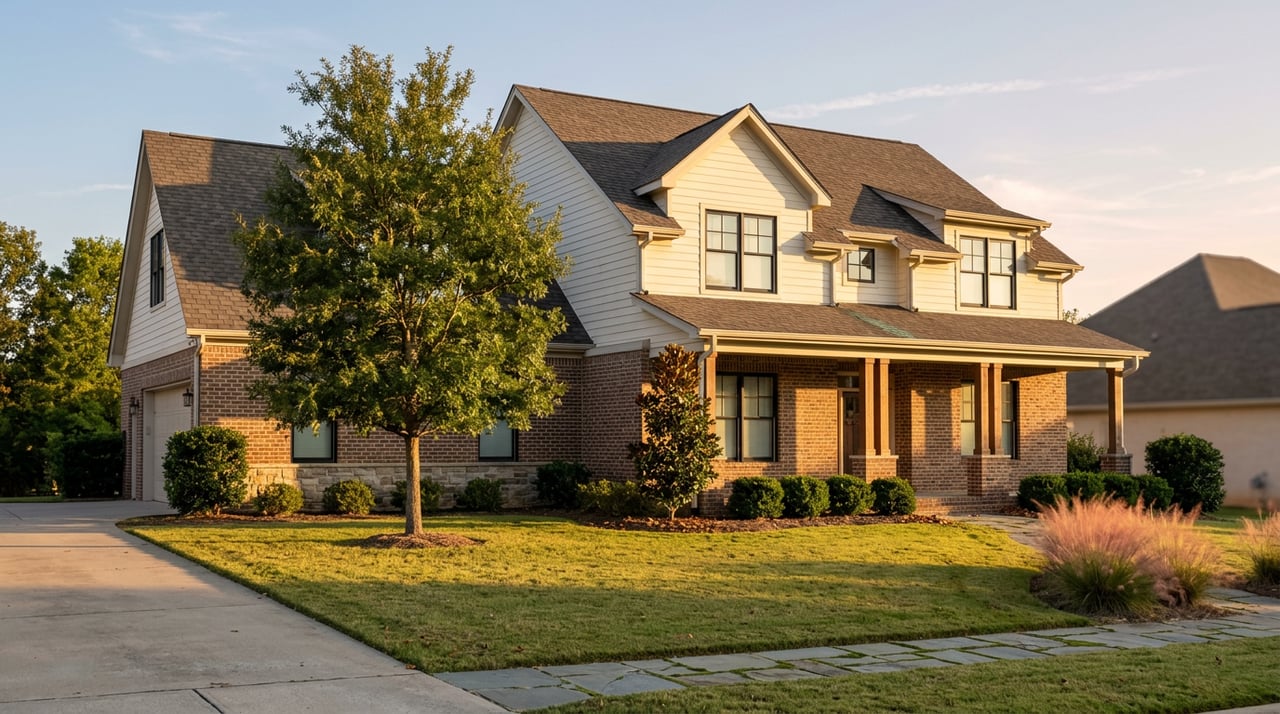 Two-story cream-sided home with brick lower walls, a covered porch, and oak shadows stretching across the lawn.