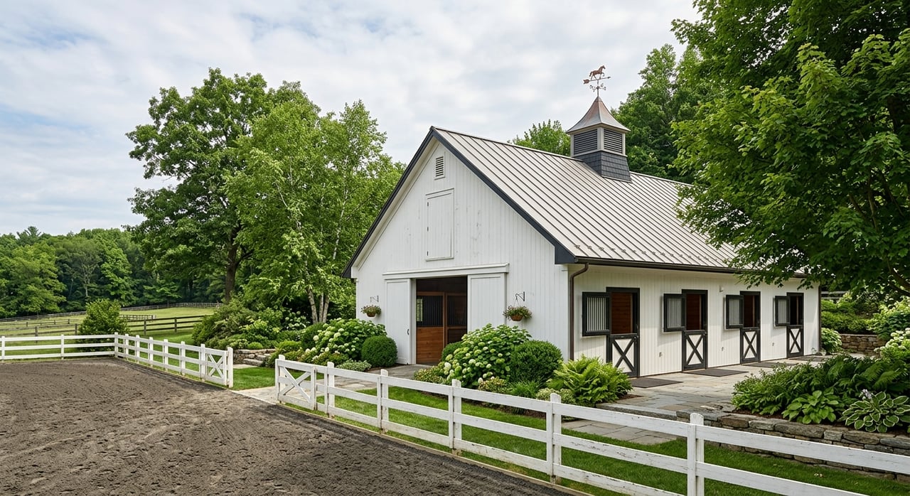 White clapboard equestrian barn with Dutch doors, a gravel apron and tan riding-ring footing beneath leafy trees.