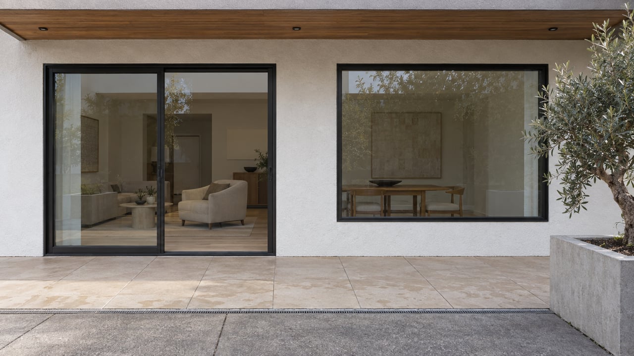 White condominium facade with black-framed glass doors, a cedar soffit, and an olive tree in a concrete planter.