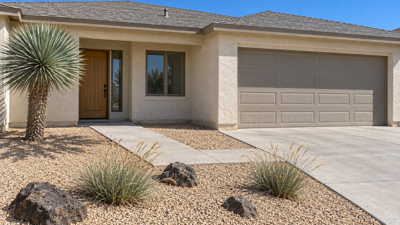 Cream stucco home with a gray gable roof, taupe two-car garage, concrete approach and a sculptural blue-green yucca in a gravel front yard.