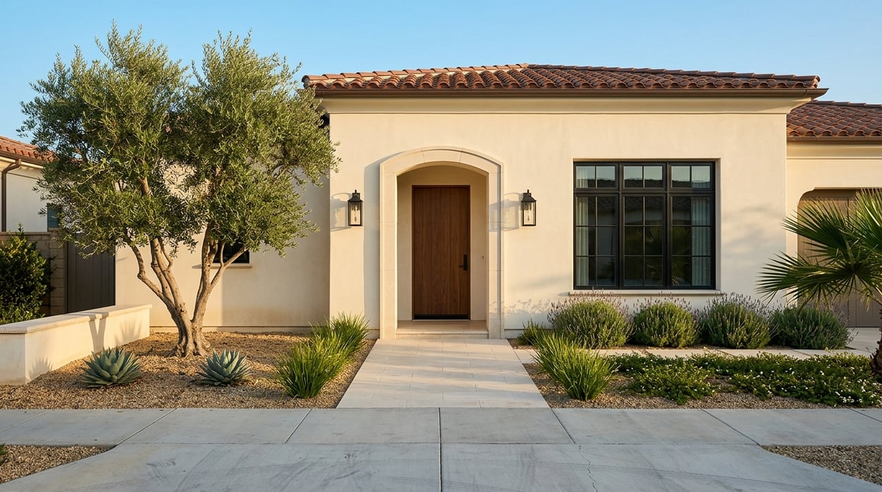 Single-story Spanish Revival home entry framed by manicured drought-tolerant plants in golden-hour light.