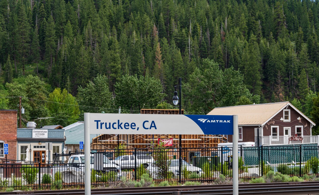 A view of downtown Truckee with new development and mountain scenery
