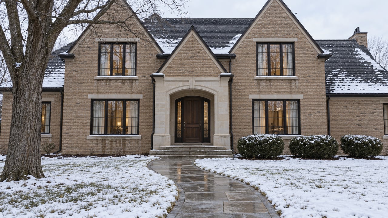 Snow-covered front lawn and cleared limestone walk leading to a large buff-brick home with steep gables and a recessed arched entrance.