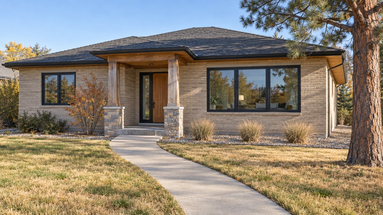 A single-story home with cedar porch beams, sandstone bases and black-framed windows beyond a deep autumn lawn.