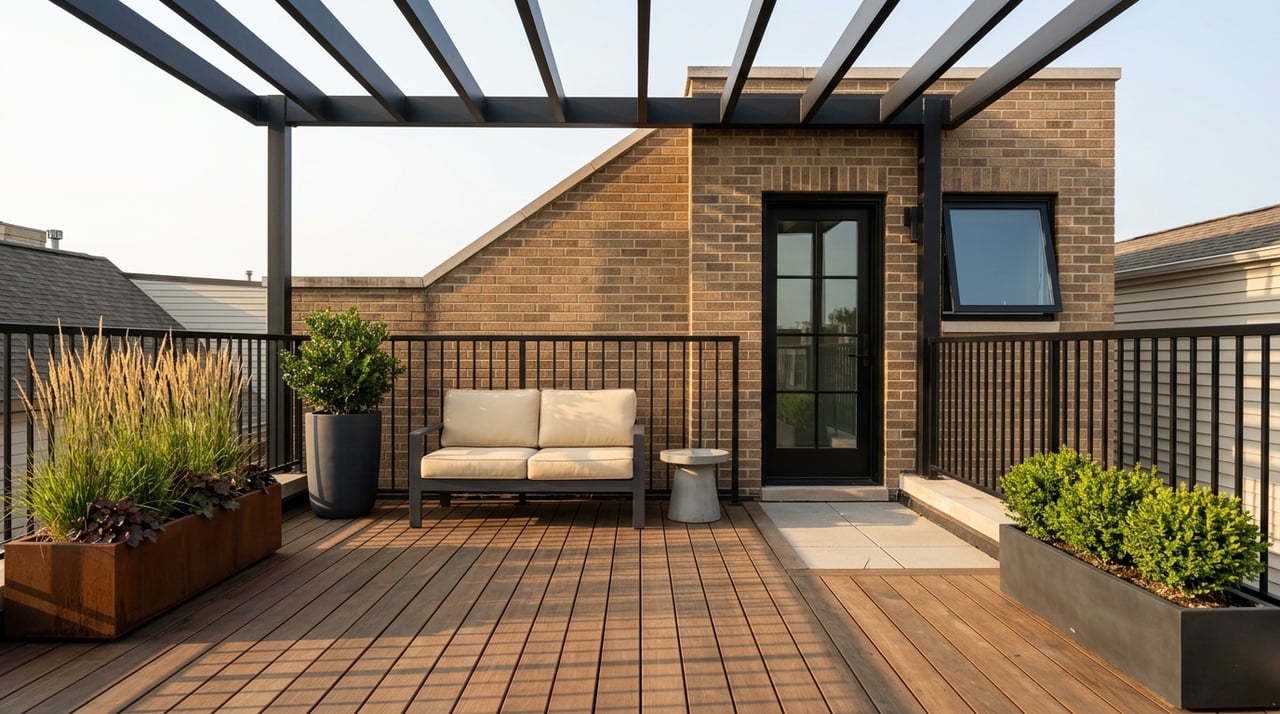 Rooftop deck with ipe wood boards, a black steel pergola, and a brick bulkhead.