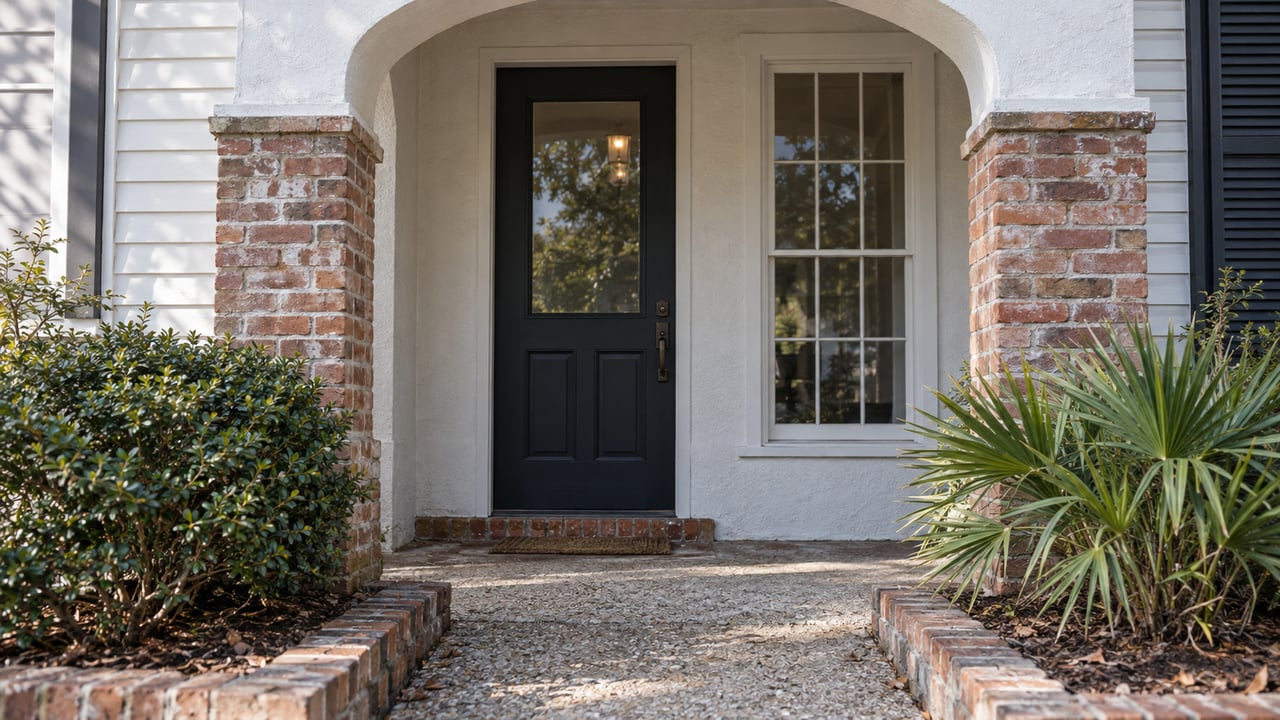 Recessed dark wood door beneath a white stucco arch, flanked by brick piers and small planting beds.