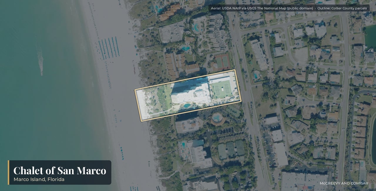 Aerial view of the Chalet of San Marco on Marco Island, Florida, the 12-story beachfront tower at 520 South Collier Boulevard