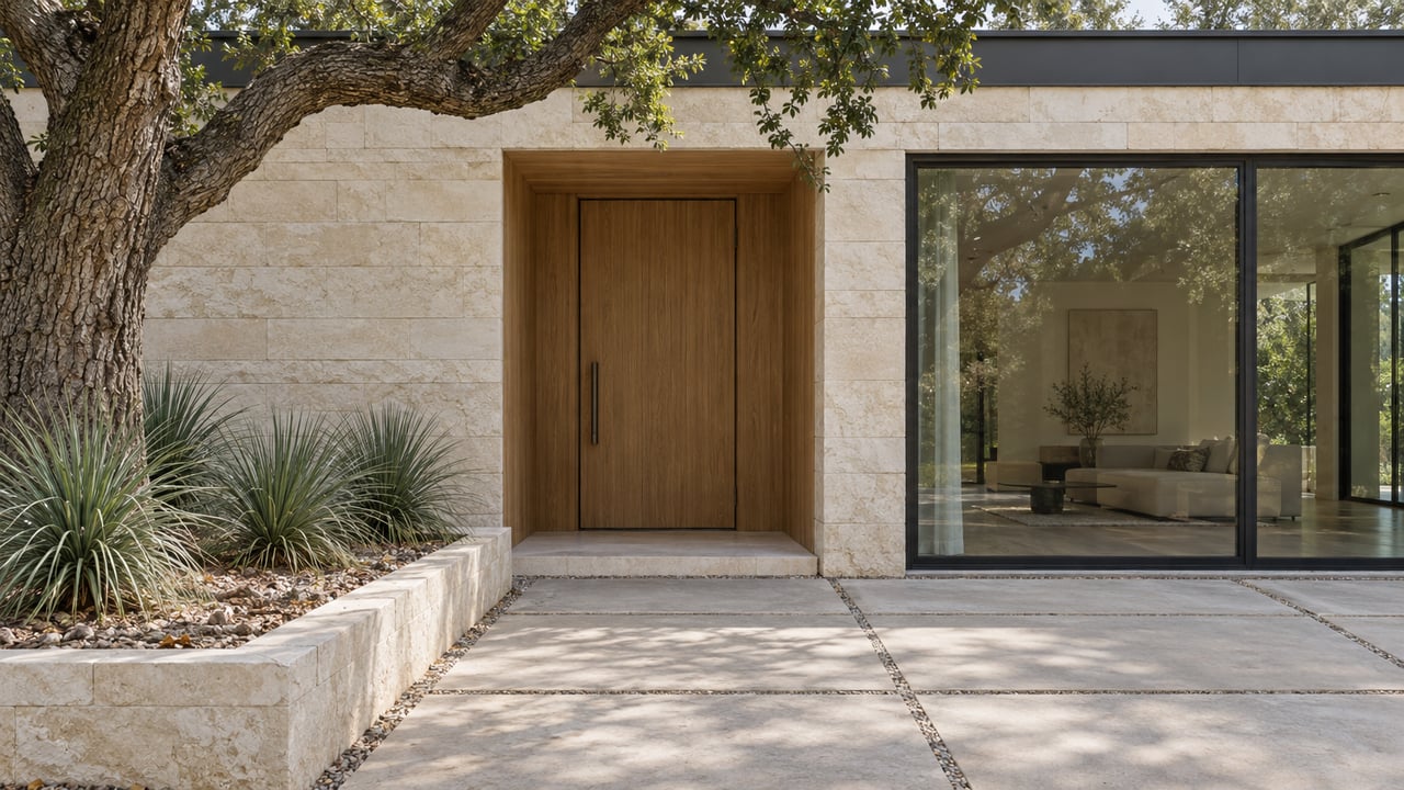 Contemporary limestone home entry with a warm wood door, dark-framed glazing and a mature oak beside a concrete arrival court.