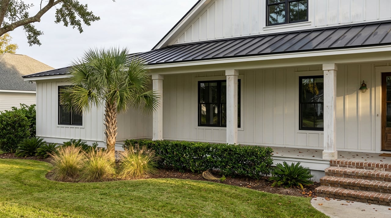 Coastal cottage with a white wrapped porch, black metal roof, brick steps, and a curved garden bed.