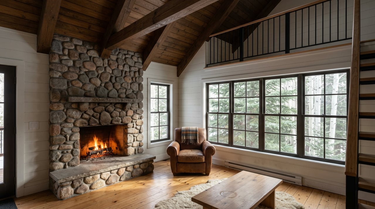 Compact alpine great room with a river-stone fireplace, timber loft and spruce branches visible through divided windows.