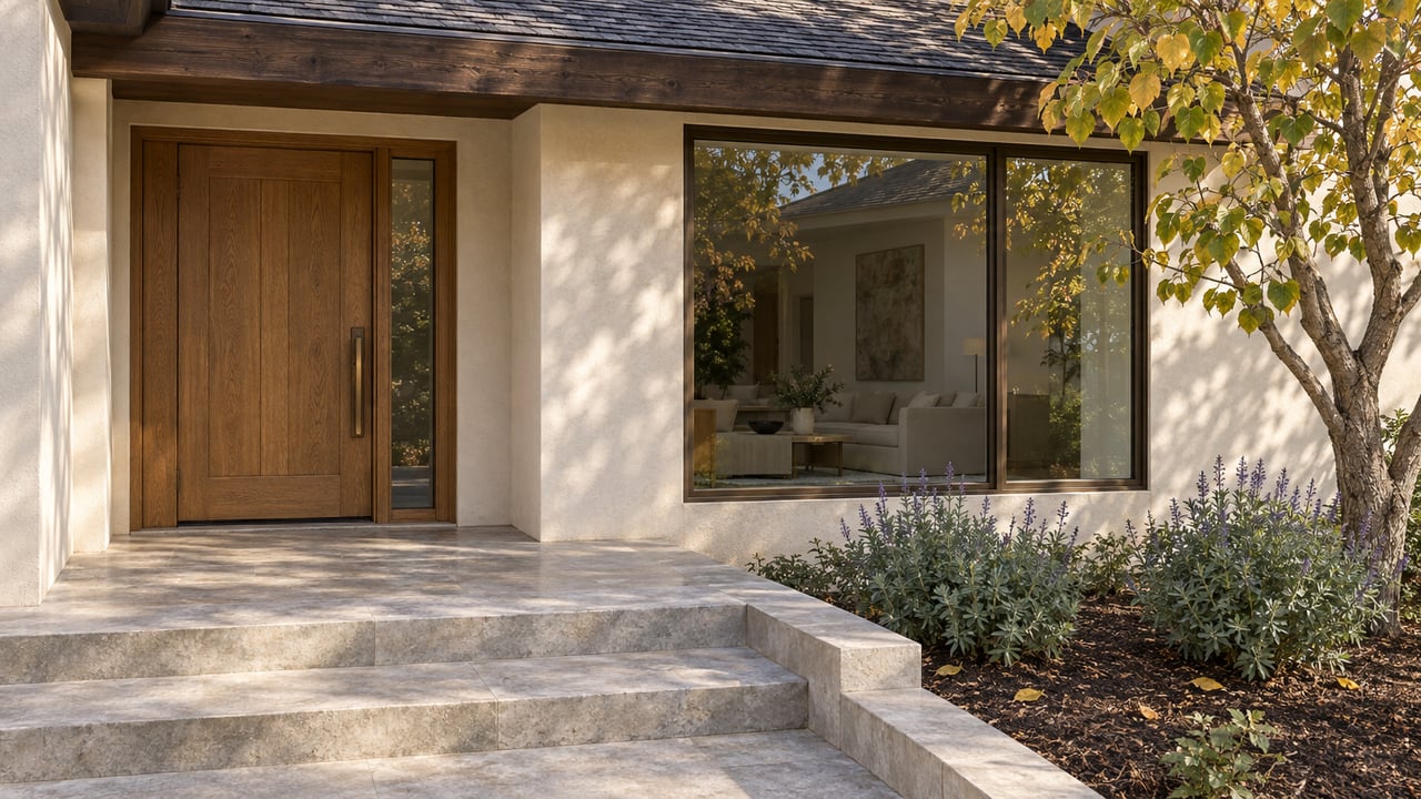 Oak front door and bronze-framed window beneath a broad roof eave, with limestone steps and a yellowing redbud beside the garden bed.