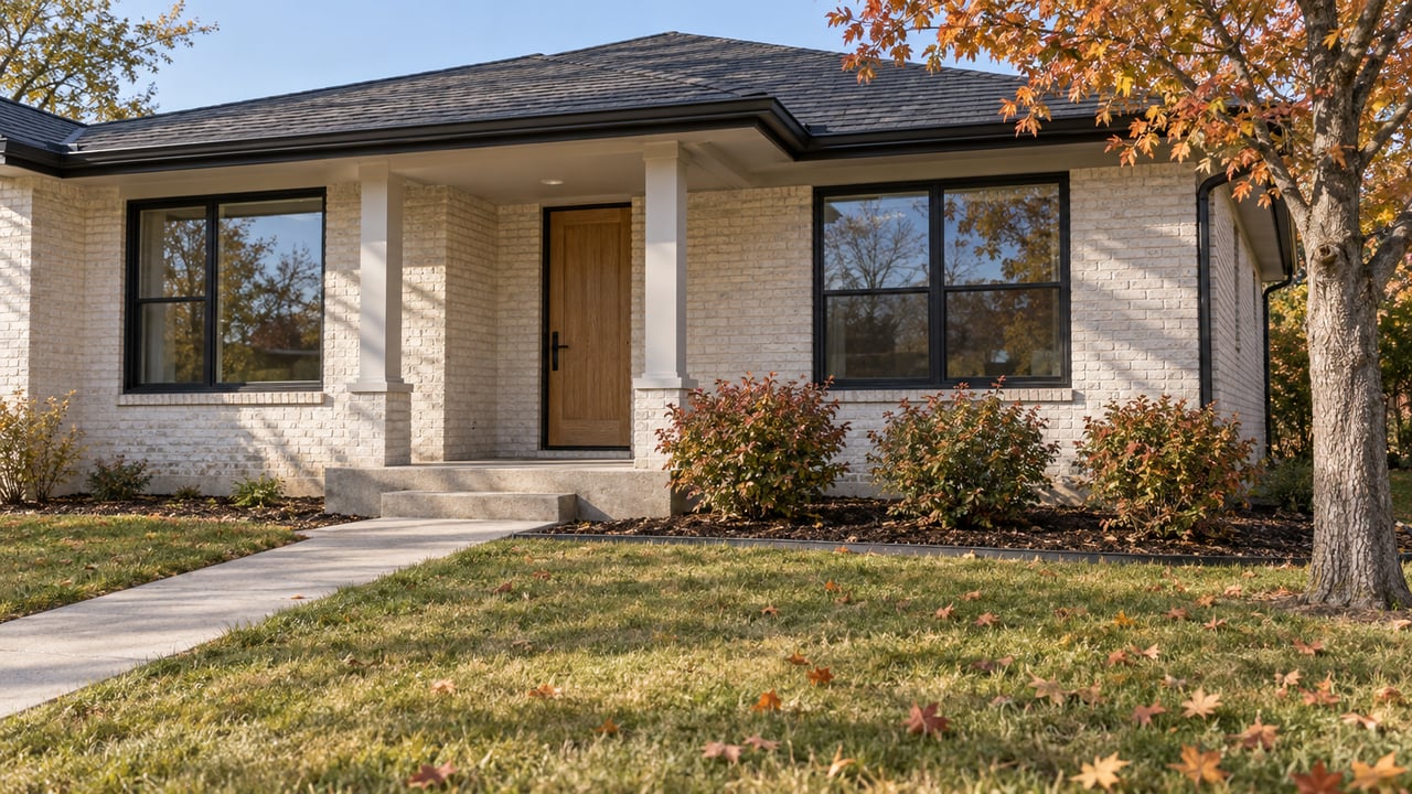 White painted-brick home with black-framed windows, a recessed porch and a copper-leaved maple beside an autumn lawn.