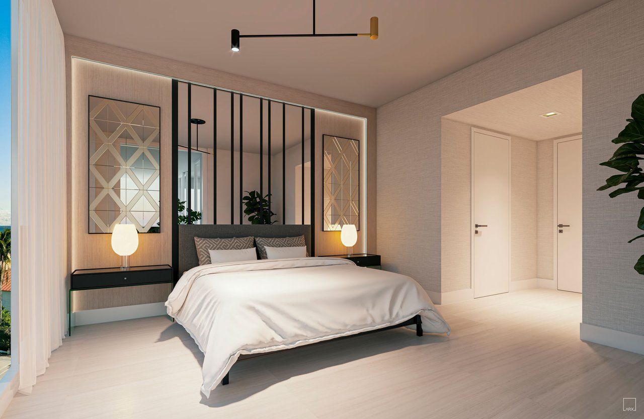 Contemporary bedroom with a white bed, geometric wall panels, and a black vertical partition.