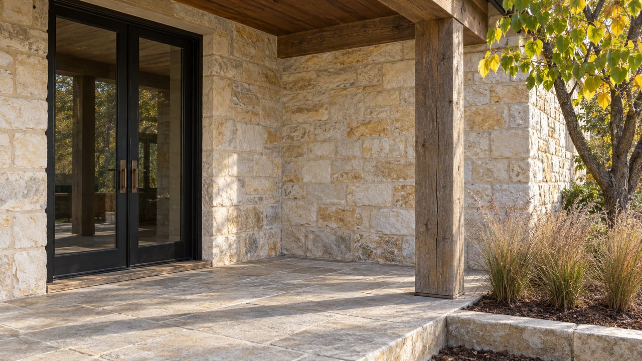 Limestone porch with black-framed double doors, weathered timber supports, and autumn planting beside a raised stone edge.