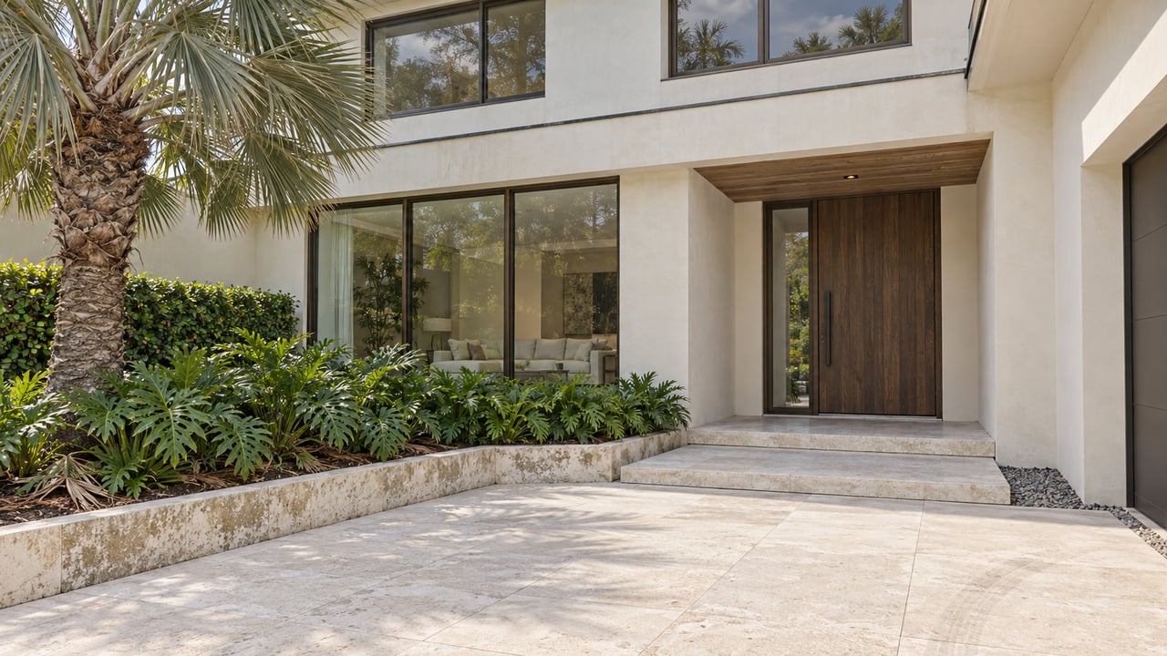Contemporary white stucco home with limestone approach paving, bronze-framed windows and a sculptural silver-green fan palm.