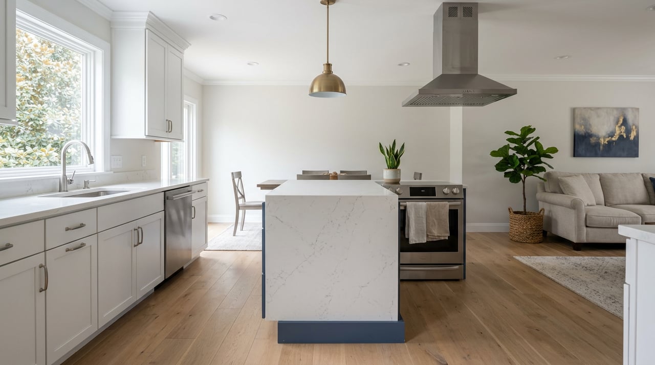 Open-concept kitchen with a navy island, white quartz counter, and dining and living areas beyond.