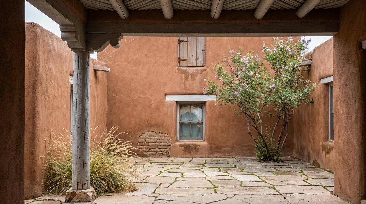 Enclosed adobe courtyard with flagstone paving, desert willow, and a covered portal with exposed timber beams.