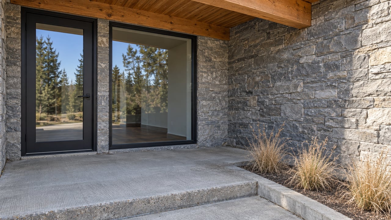 Timber-covered home entry with black-framed glass, gray stone cladding and tawny bunchgrass beside a concrete landing.