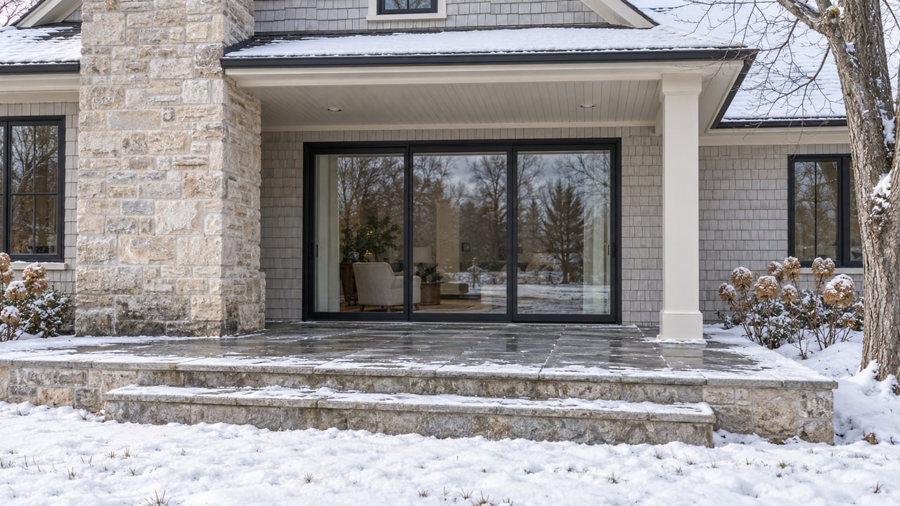 Snow borders a limestone terrace beneath a shingled gable, with closed dark-framed glass doors and tan hydrangea flower heads.