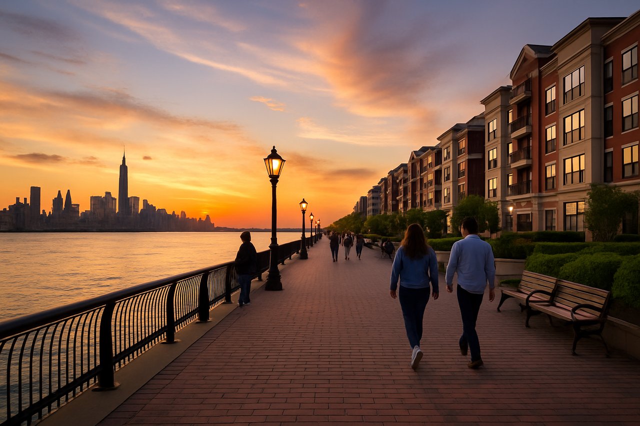 Hoboken waterfront promenade at golden hour with luxury condos, vintage lampposts, and Manhattan skyline glowing across the Hudson River.