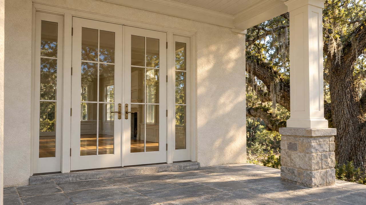 Cream stucco home with glazed French doors, weathered stone porch paving, and a moss-draped oak beyond an ivory column.
