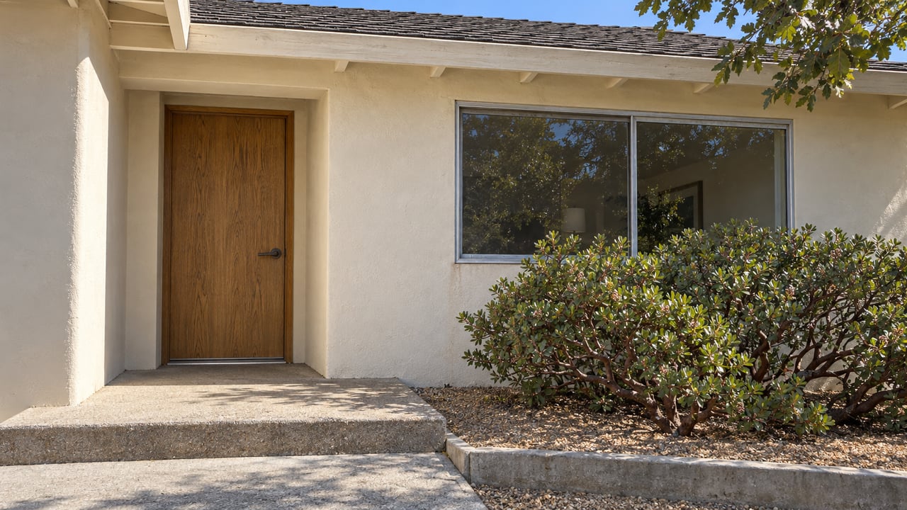 Sunlit stucco home entrance with an oak door, broad window, concrete step and red-barked manzanita.