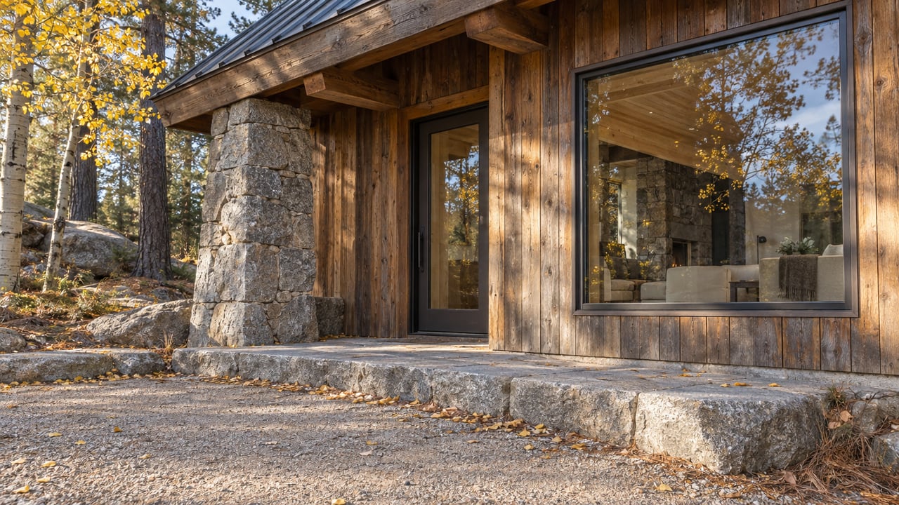 Cedar-clad lodge entry with a closed timber door, granite pier, and golden aspen leaves scattered on the stone landing.