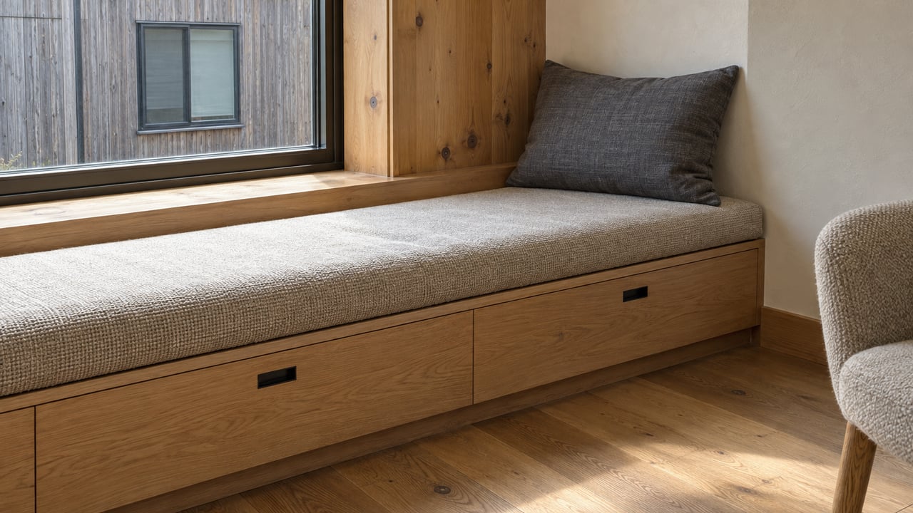Daylight falls across a wool-cushioned oak window seat, fir window trim and worn matte oak flooring in a compact contemporary home.