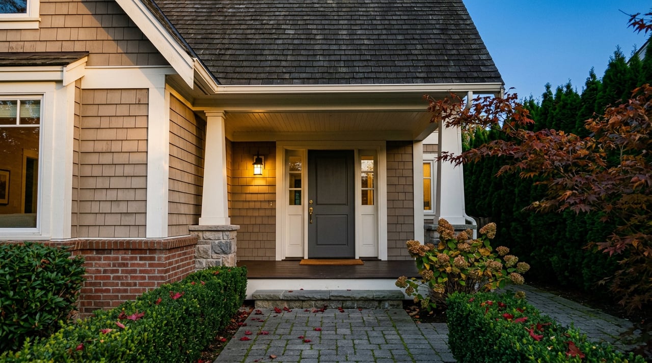 Craftsman-style home with a charcoal front door, lit porch sconce, paver walkway, and red-orange Japanese maple.