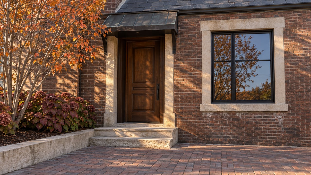 Brick townhouse entry with limestone steps, black awning, and copper-leaved tree beside the sidewalk.